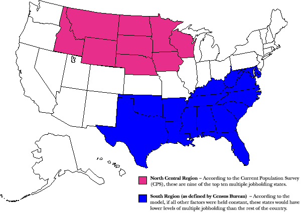 Map:  Top Multiple Jobholding States (CPS) vs Low-Level Multiple Jobholding States (Model)