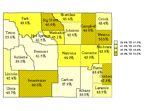 Map:  Percent in Steady Worker Same Employer Category by County 1998