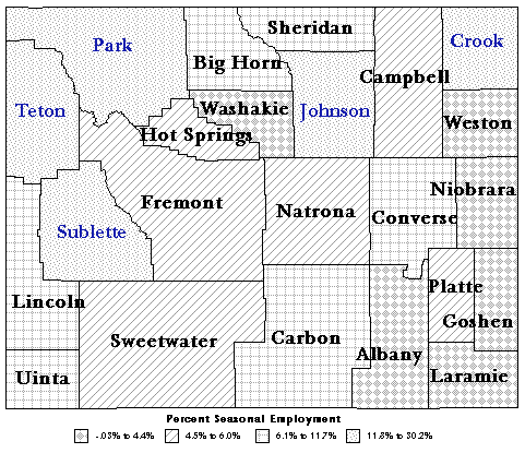 Map:  Percent of Seasonal Employment Change by County