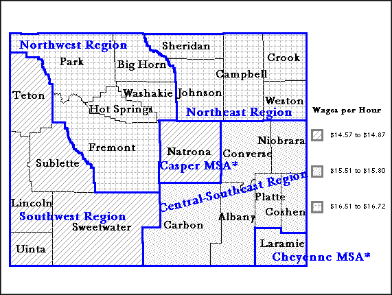 Map:  Wyoming Wages for Registered Nurses by Region in 1997