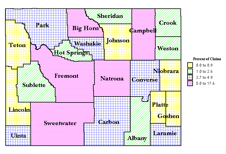 Map 1: Percent of Total Mining Continued Unemployment Insurance Claims in February 1998 by County