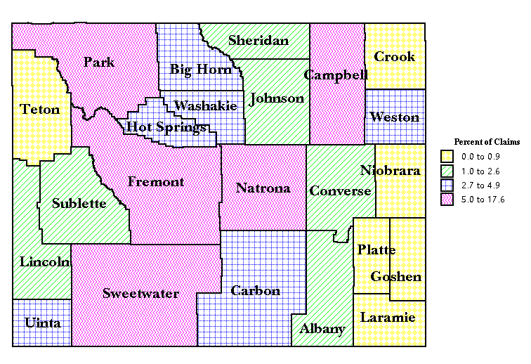 Map 2: Percent of Total Mining Continued Unemployment Insurance Claims in February 1999 by County